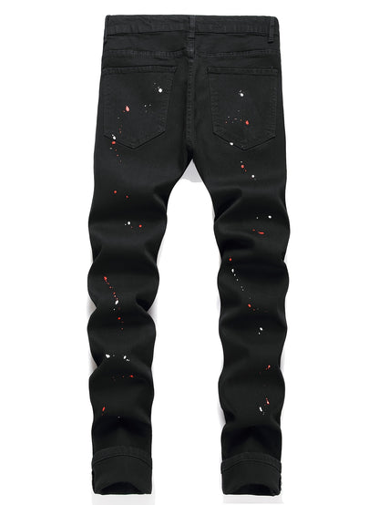 Patch Splatter Ripped Jeans, Men's Casual Street Style Distressed Slim Fit High Stretch Denim Pants For Spring Summer