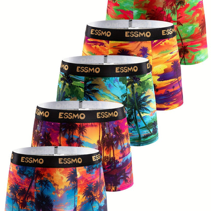 5pcs ESSMO Men'S Light Luxury Boxer Briefs - Vibrant Tropical Sunset & Palm Tree Design, Medium Stretch Fabric, Comfortable & Stylish Underwear, Relaxed Fit Boxers|Tropical Print Boxers|Stretchable Fabric