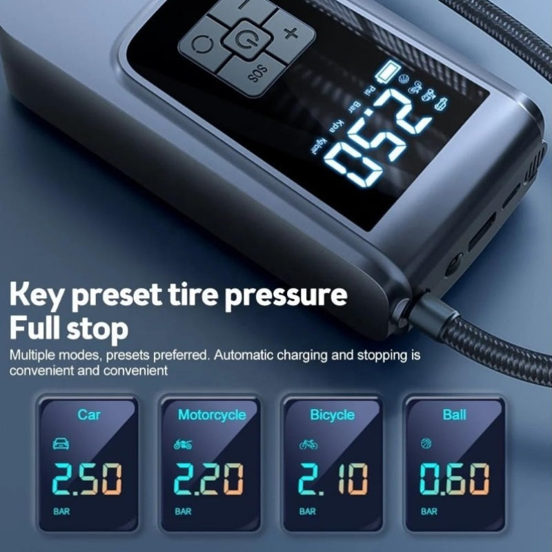Portable Tire Inflator Air Compressor with Pressure Gauge - 150PSI Electric Pump with LED Flash Screen, 2000mAh Rechargeable Lithium Battery, USB Charging, for Cars, Motorcycles, Bicycles, Balls
