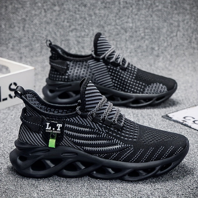 Men's Breathable Slip- Sneakers - Arch & Cushioned Sole, Black/Gray/White Sneakers with Arch, Lace-Up Closure & Traction Tread for Gym, Jogging, Casual Wear - All-Season Comfortable Walking Shoes with Geometric/Striped Design
