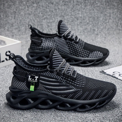 Men's Breathable Slip- Sneakers - Arch & Cushioned Sole, Black/Gray/White Sneakers with Arch, Lace-Up Closure & Traction Tread for Gym, Jogging, Casual Wear - All-Season Comfortable Walking Shoes with Geometric/Striped Design