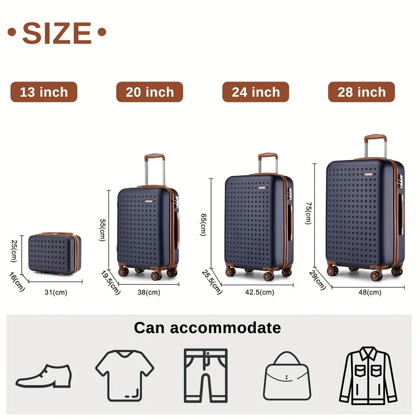 Kono Multi-Size Checked Luggage Suitcase with Spinner Wheels, TSA Lock & ABS+PC Hardshell - Lightweight Carry-On or Checked, Navy Blue & Brown, Frame, Multi-Directional Travel Suitcase for &