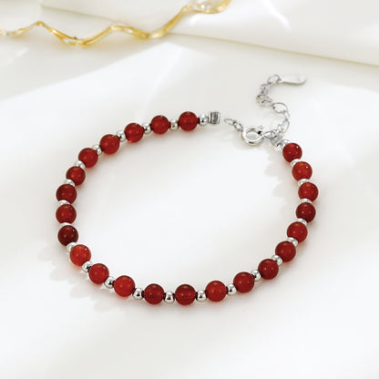 925 Pure Silvery Material Versatile Round Bead Red Agate Bracelet, Temperament Jewelry, Light Luxury Style, Gemstone Bead Bracelet, Women's Trendy Accessory, Gift Box Included