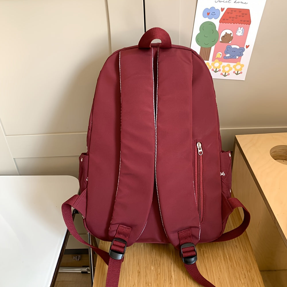 HUOHUO Large Capacity Backpack - Stylish Red & White Quilted Design with Star & Bow Accents, Adjustable Straps, Multiple Compartments, Perfect for School, Commuting, and Everyday Use, Backpack for School, Commuter Bag, Playfu