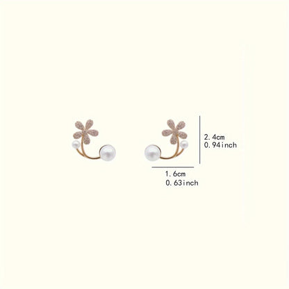 Exquisite Golden Flower With Shiny Zircon Faux Pearl Decor Stud Earrings Elegant Simple Style Alloy Jewelry Trendy Female Gift