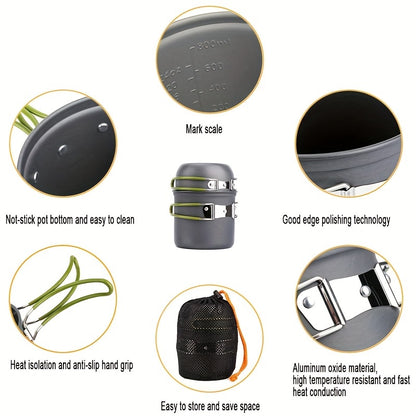 Camping Cookware Mess Kit 1-2 Person, Portable Pan Set, Fork Spoon Kit For Backpacking, Hiking, Picnic And Camping