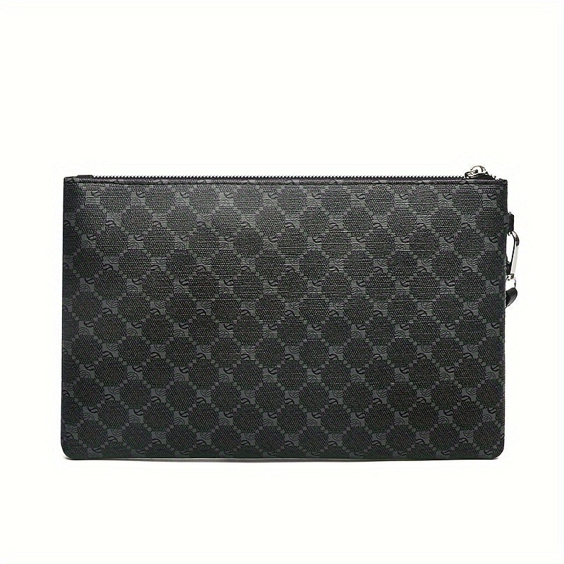 Men'S Stylish Black Synthetic Clutch Bag with Hexagonal Pattern & Card Slots - Perfect for Keys, Phone, Tablet, and Cards - Durable Zipper Closure for Everyday Use