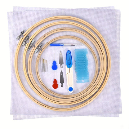 1set Embroidery Kit, 50/100 Colors Threads, 5 Pcs Bamboo Embroidery Hoops And Cross Stitch Tools Set, Hand Embroidery Starter Kit For Beginners Adults