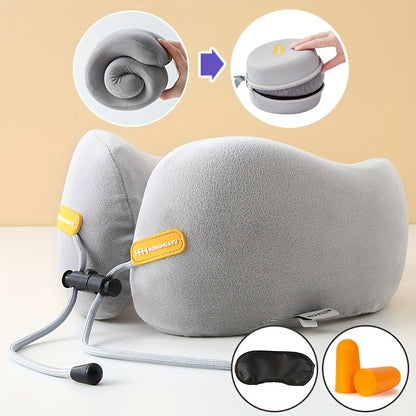 Polyurethane Foam Travel Neck Pillow - Ergonomic U-Shaped Contour Design with Adjustable Strap & 3 Fluffy Earplugs, Medium-Soft Grey Flannel Cover for Airplane, Car, Office & Home Use, Neck Pillow for Travel for Plane, Car Sl