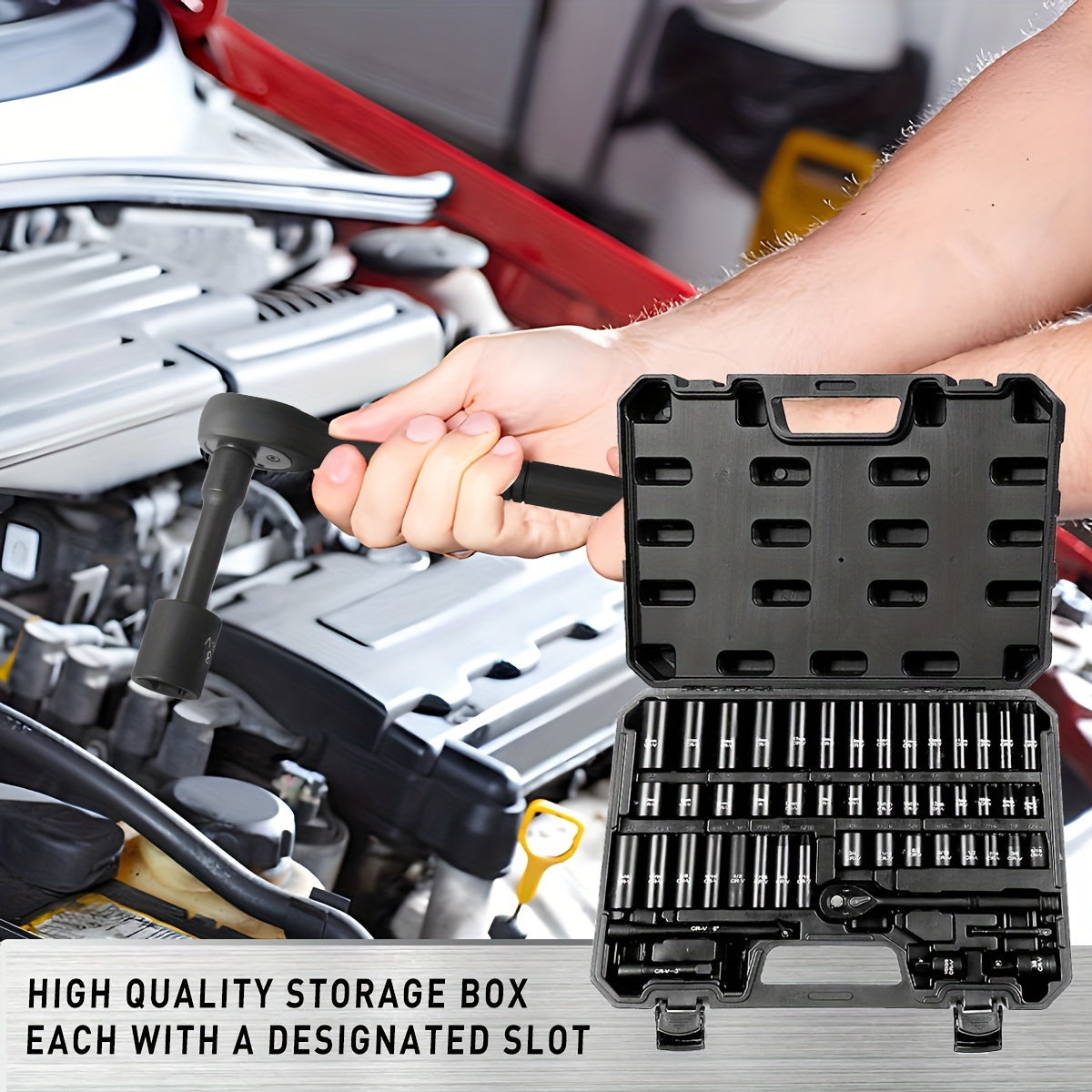 3/8" Drive Impact Socket Set, 6-Point 50pcs Standard Metric (8-22mm) &amp; SAE (5/16-3/4-Inch) CR-V Steel Sockets with Adapters and Tape Handle, Nice Gifts