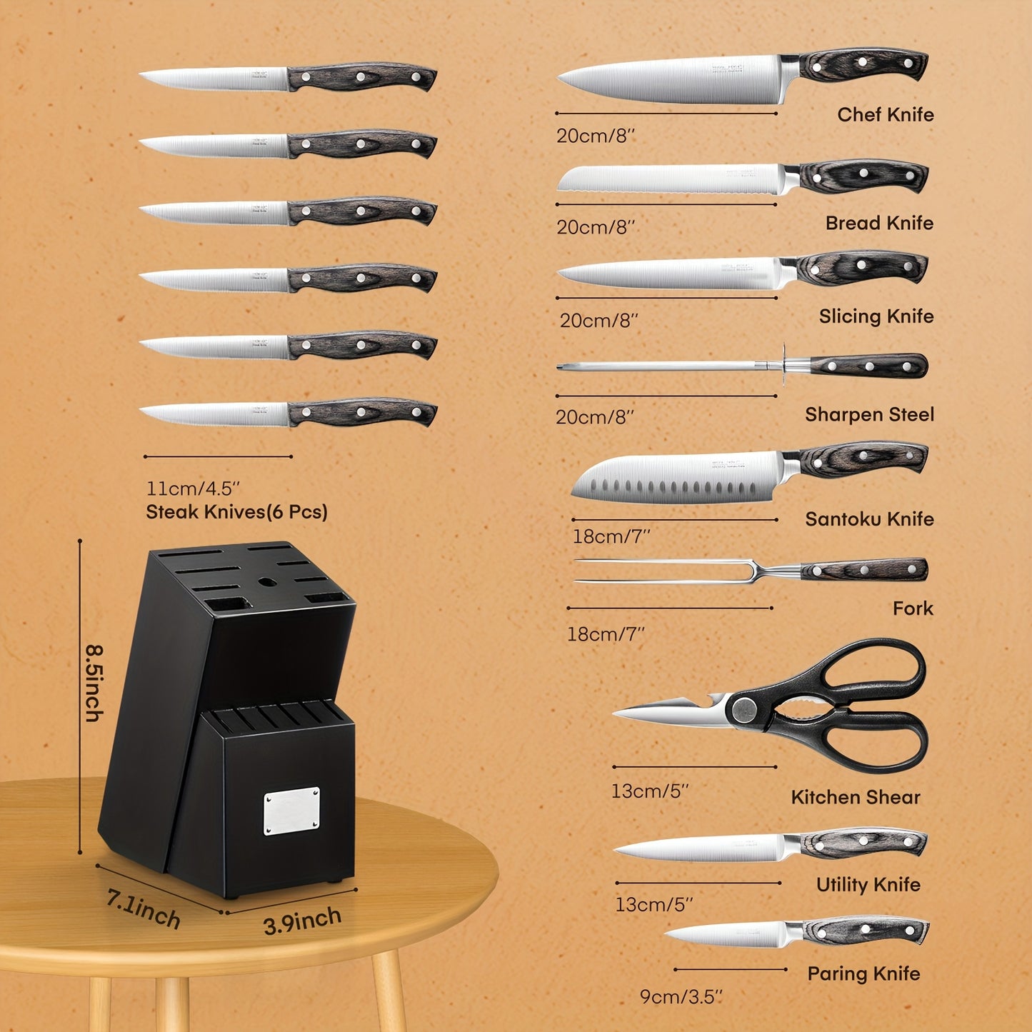 16pcs Knife Set, With Wooden Handle, Stainless Steel Chef'S Knife Set With Wooden Block, Professional Kitchen Knife With Sharpening Steel, Ideal Christmas Gift For Mother, Friend, Brown/Black