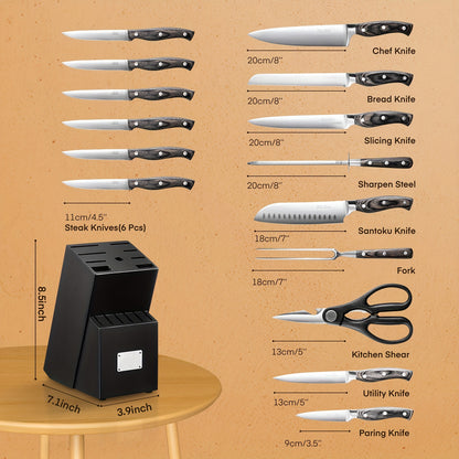 16pcs Knife Set, With Wooden Handle, Stainless Steel Chef'S Knife Set With Wooden Block, Professional Kitchen Knife With Sharpening Steel, Ideal Christmas Gift For Mother, Friend, Brown/Black