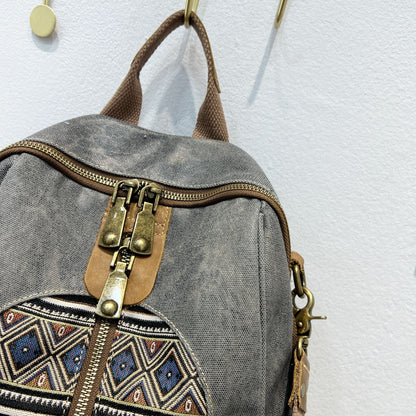 Bohemian Tribal Print Canvas Backpack with Adjustable Straps & Metal Hardware - Convertible Single/Double Shoulder Casual Daypack for Travel, School, Shopping - Zipper Closure & Polyester Lining, Backpack for Travel, Geometri
