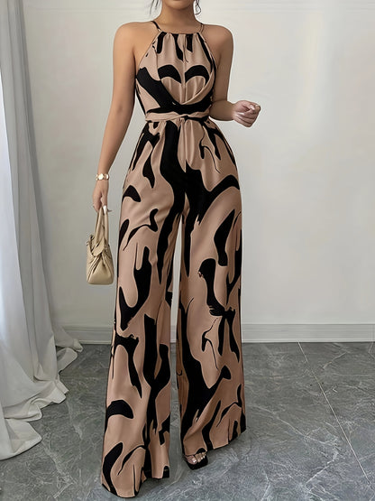 Elegante macacão feminino com ombros à mostra, estampado abstrato a preto e branco, pernas largas e atilhos na cintura - tecido de poliéster, perfeito para as férias e para um toque de elegância no dia a dia.