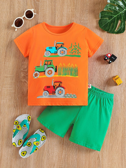 Boy's Tractors Print Casual Outfit Round Neck T-shirt & Shorts, Kids Summer Clothes Set For Daily And Outdoor Wear