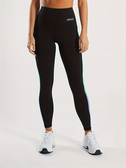 Women's High-Waisted Yoga Leggings - Full-Length Black with Neon Green & Blue Vertical Stripe Contrast, Breathable Stretchy Workout Pants for Gym, Pilates, Running, Tennis | Spring/Fall Casual Athletic Wear, Machine Washable