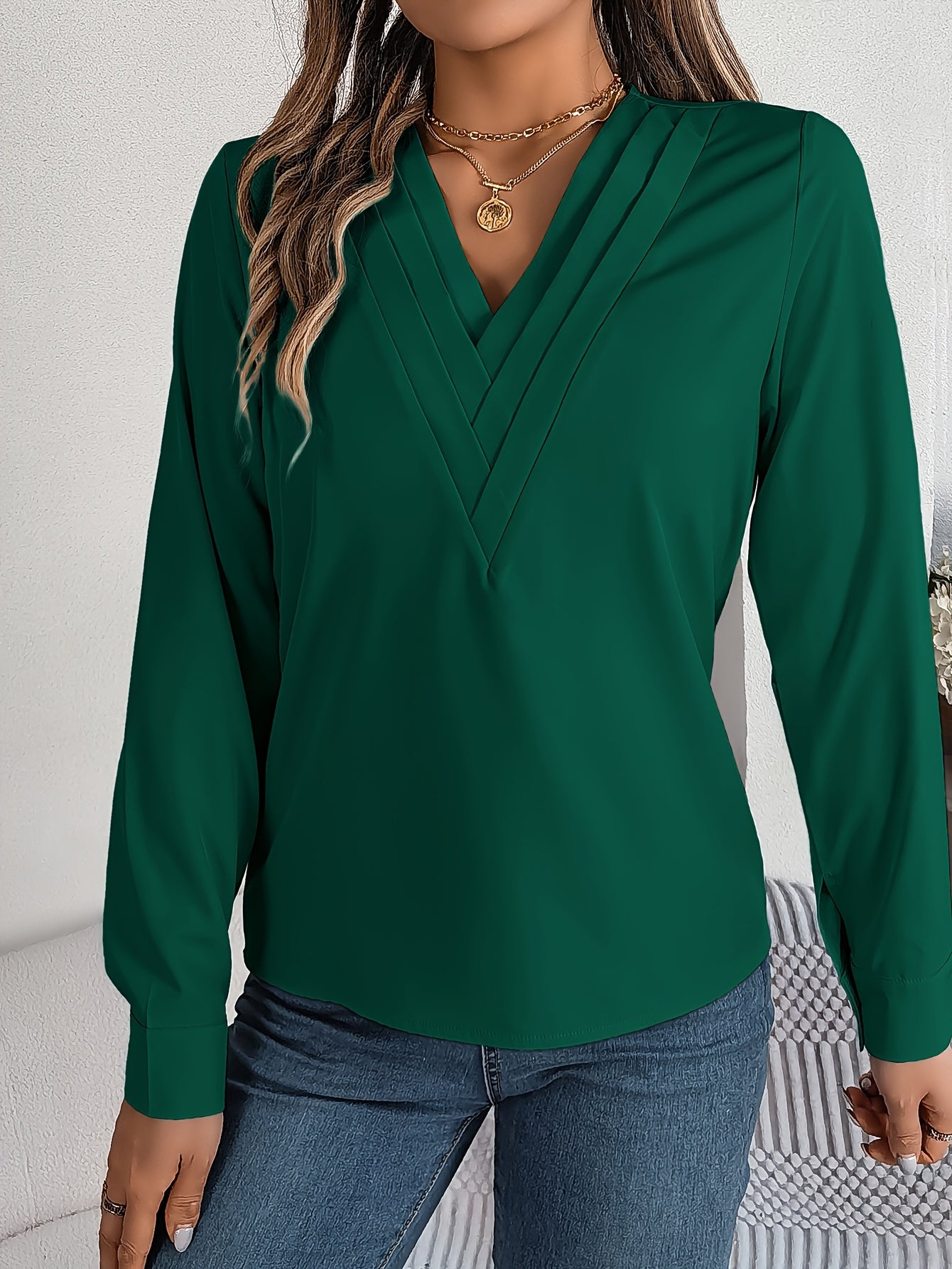 Women'S Elegant V-Neck Long Sleeve Shirt, Solid Color Polyester Blouse with Triple V-Cut, 95% Polyester 5% Elastane, Woven Fabric, 120g/m², for Spring/Summer/Fall - Adult