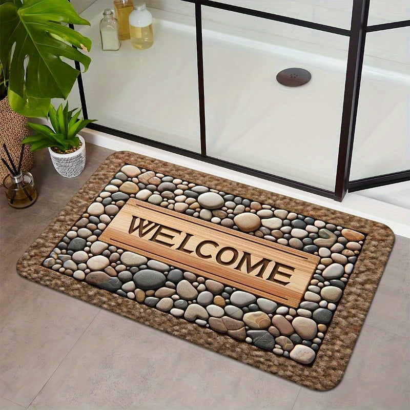 2D Welcome Home Non-Slip Door Mat - Durable, Machine Washable Mat with Stone Pattern &amp; Wood Texture Design - Perfect for Farmhouse Decor, All-Season Use, Polyester Material, Welcoming Entrance Mat | Natural Look Rug | Wooden