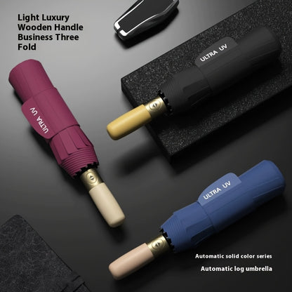 Guarda-chuva resistente com abertura/fecho automático, 12 varetas, pega em madeira maciça (bétula/faia) - Ampla cobertura, resistente ao vento e dobrável, ideal para homens, negócios e viagens - Cor sólida (bordô/preto/azul-marinho)