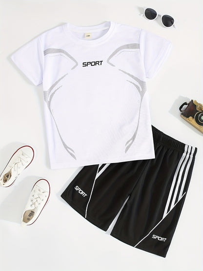 2pcs Boy's "Sport" Outfit Short Sleeves Round Neck T-shirt & Shorts Casual For Summer Daily And Outdoor Wear