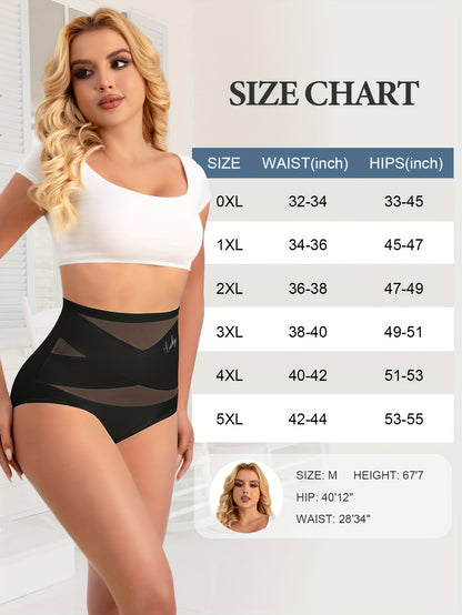 4pcs Plus Size High-Waist Tummy Control Women's Panties, Breathable Mesh Seamless Cross Detail Shapewear Briefs
