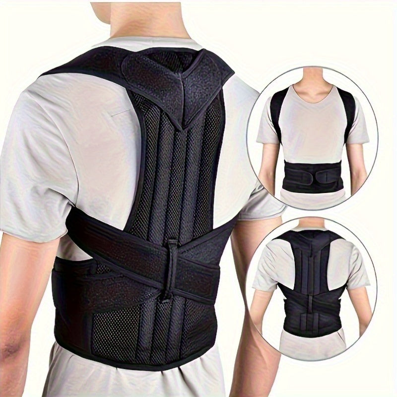 Black Adult Back Support Belt | Adjustable Upper-Back Posture Corrector with Shoulder Straps and Lumbar Pad, Invisible Spine Brace for & – Ergonomic Design