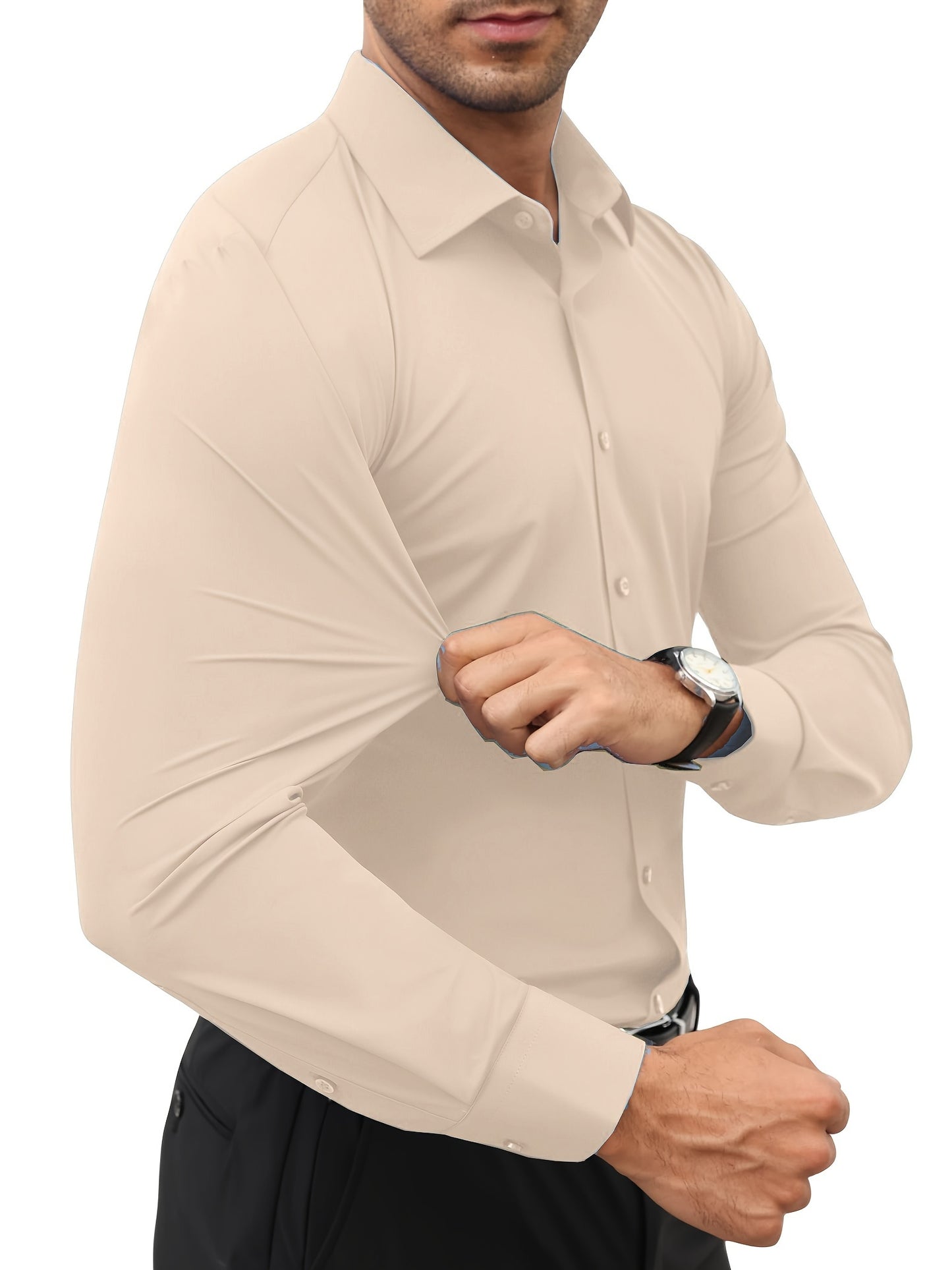 Camisola de homem de manga comprida com corte slim - 55% algodão, 40% poliéster, 5% elastano, cor lisa, para todas as estações, tecido plano, fecho com botões, gola de lapela, ideal para o fim de semana, 125 g/m²