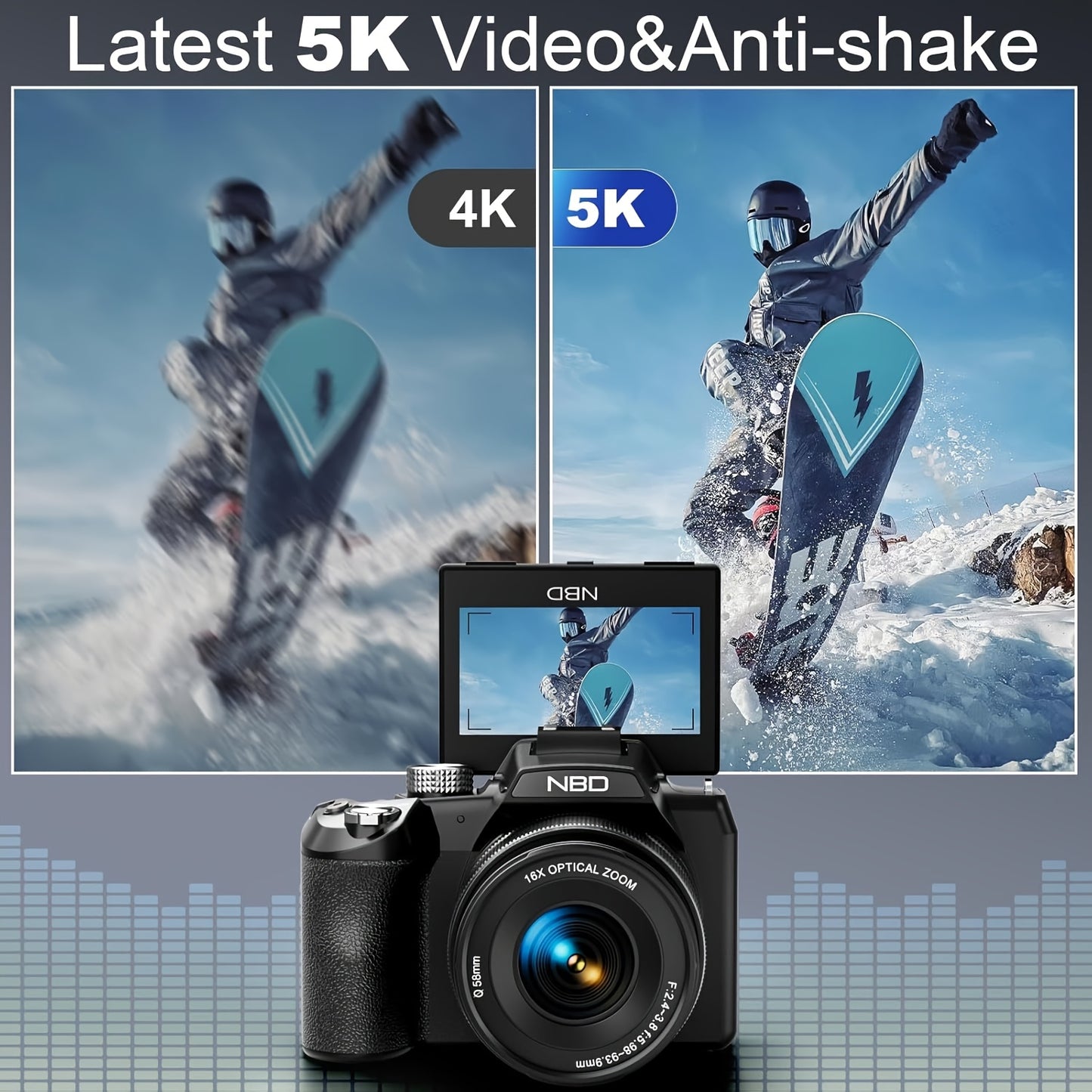 5K&64MP Digital Cameras for Photography, 16X Optical Zoom Camera with WiFi & App Control, Vlogging Camera with 180°Flipable 3-inch Screen, Auto Focus, Bag, 2 Batteries, Camera Strap&32GB Card, Photography Camera, Camera High