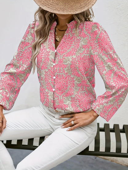 Allover Print Button Front Blouse, Casual Long Sleeve Blouse For Spring & Fall, Women's Clothing