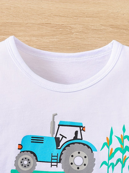 Boy's Tractors Print Casual Outfit Round Neck T-shirt & Shorts, Kids Summer Clothes Set For Daily And Outdoor Wear