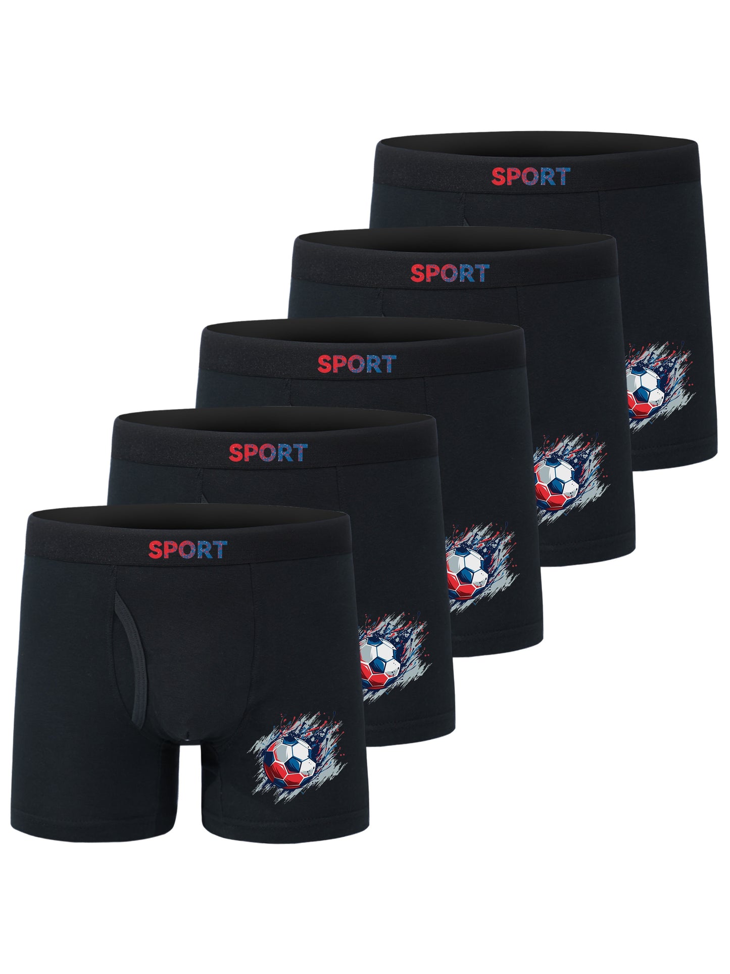 5pcs Football Print Boxer Briefs for Teen Boys - Breathable, Stretchy, Comfort Fit with Elastic Waistband & Half-Button Closure, Black with White & Red Soccer Design, Sports Underwear, Youth Athletic Wear, Sporty Boxers, Brea