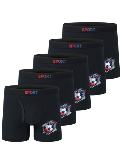 5pcs Football Print Boxer Briefs for Teen Boys - Breathable, Stretchy, Comfort Fit with Elastic Waistband & Half-Button Closure, Black with White & Red Soccer Design, Sports Underwear, Youth Athletic Wear, Sporty Boxers, Brea