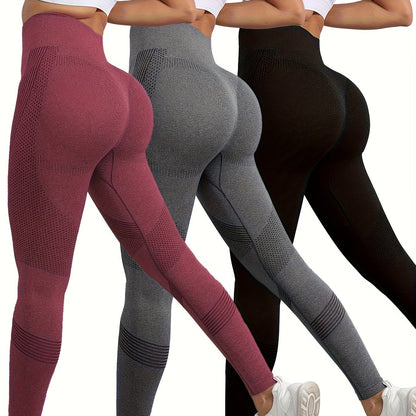 3pcs Women's High-Waisted Seamless Gym Leggings - Butt-Lifting Tummy Control Yoga Pants, 4-Way Stretch Machine Washable Workout Running Yoga Pants in Burgundy/Gray/Black, Sleek Sporty Design, Nontransparent Fabric