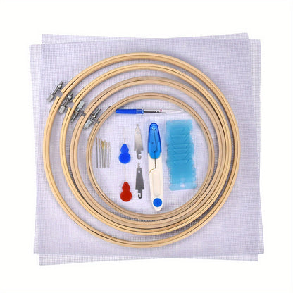 1set Embroidery Kit, 50/100 Colors Threads, 5 Pcs Bamboo Embroidery Hoops And Cross Stitch Tools Set, Hand Embroidery Starter Kit For Beginners Adults