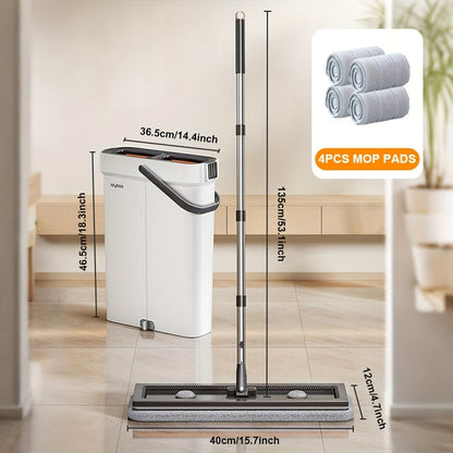 Hands-Free Flat Mop And Bucket Set with 4pcs Mop Pad- Dual-Purpose Dry And Wet Cleaning, Ideal for Bedroom, Kitchen, Living Room, Bathroom - Durable Plastic, for Household And Floor Cleaning, Tile Marble Floor Cleaning Mop Cl
