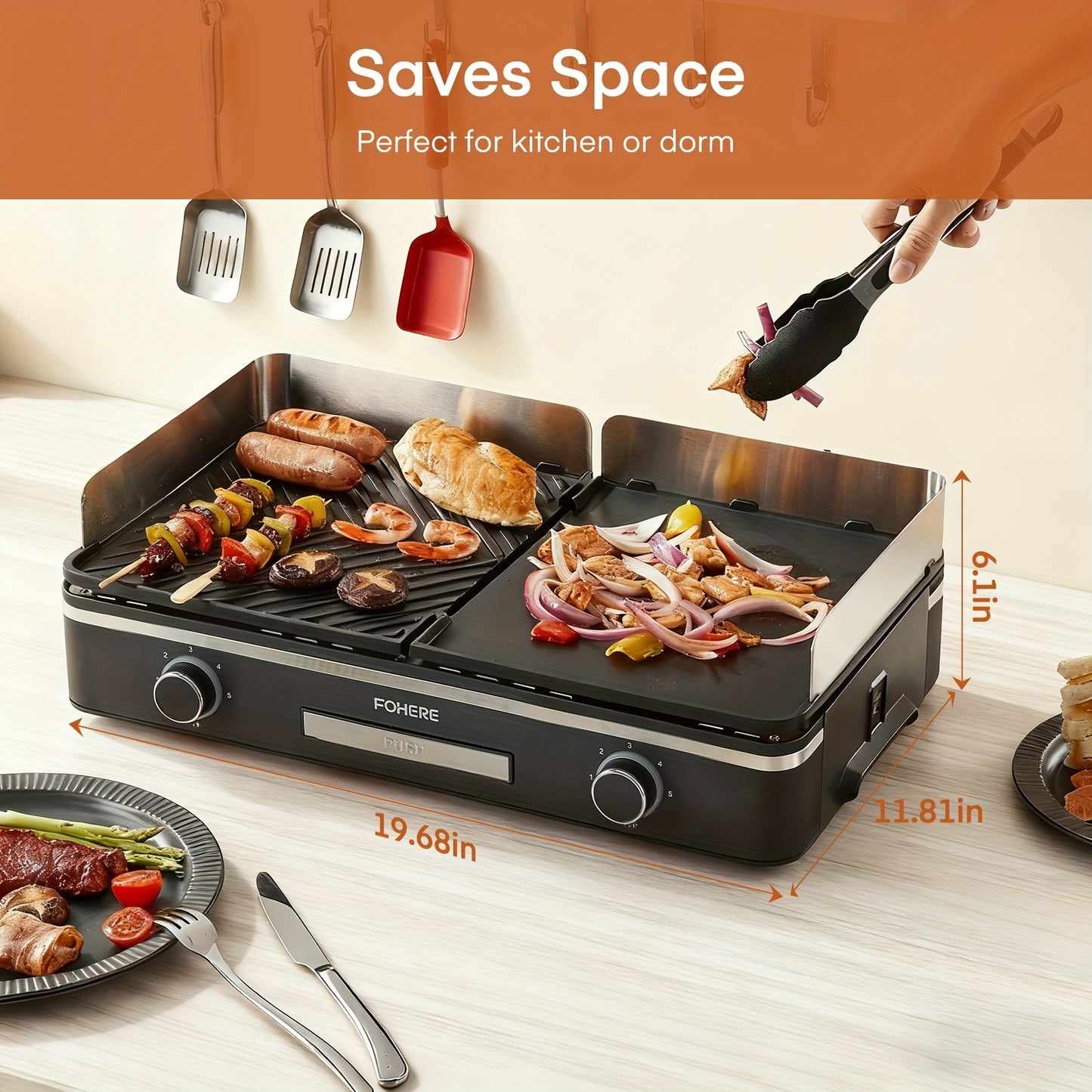 2400W Electric Indoor Grill Griddle with large 25x30cm nonstick plates, 2-part adjustable temperature control, pancake and egg maker, drip tray and indicator light - Portable stainless steel flat top grill for kitchen, camping, etc.