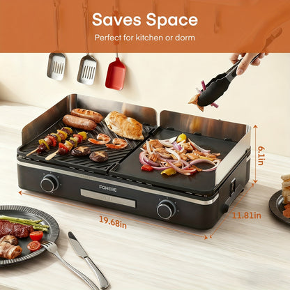 2400W Electric Indoor Grill Griddle with large 25x30cm nonstick plates, 2-part adjustable temperature control, pancake and egg maker, drip tray and indicator light - Portable stainless steel flat top grill for kitchen, camping, etc.