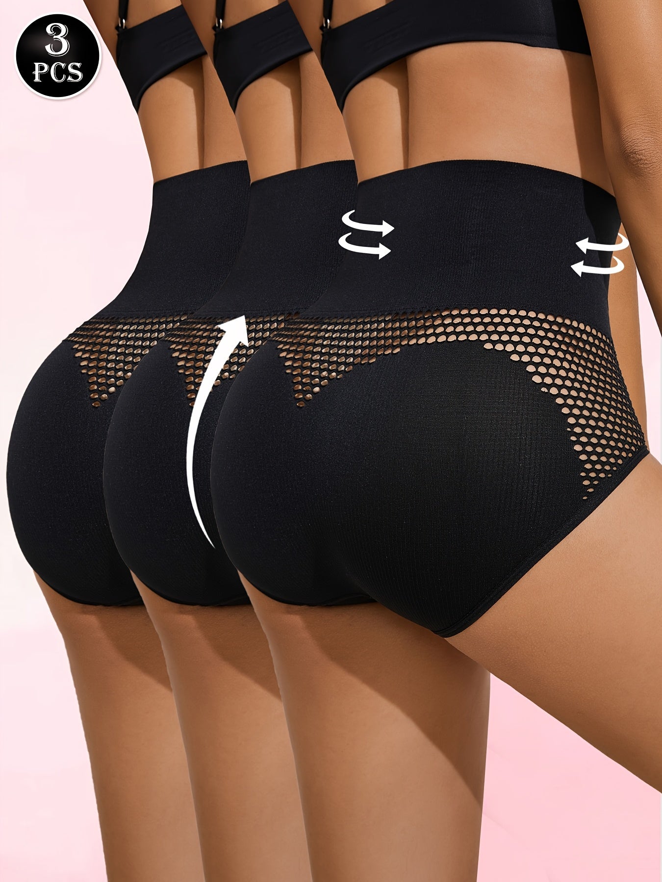 3pcs High-Content Tummy Control Pants for Women - Breathable Mesh, Butt Lift, Body Shaper Breasts with Solid Color Design and Breathable Mesh Details