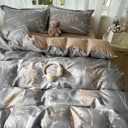 4pcs Soft & Comfortable Plant Print Bedding Set, Duvet Cover, Flat Sheet & 2 Pillowcases (No Fillers), All-Season Polyester with Zipper Closure, Machine Washable, Breathable & Fade-Proof Fabric, Perfect for Bedroom Dorm Guest