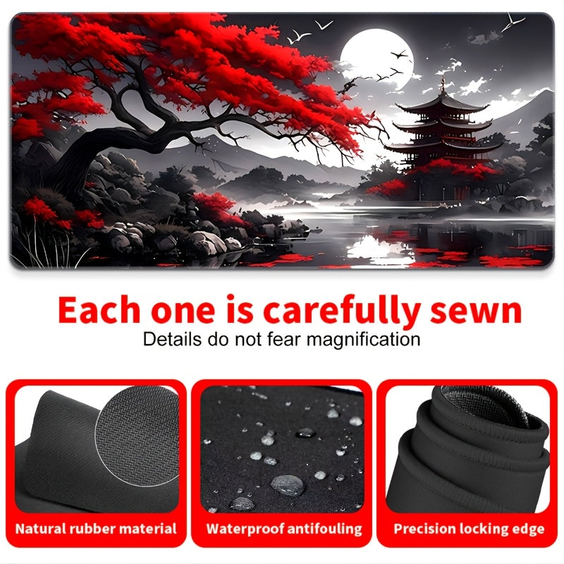 1pc, Traditional Japanese Landscape Mouse Pad, 59.94 x 34.8 cm, Extended Size, Durable Rubber Base, Non-Slip, HD Printed Antique Attic Design, Office & Gaming Mousepad, Durable Stitching, Ideal Gift for Gamers & Office Use