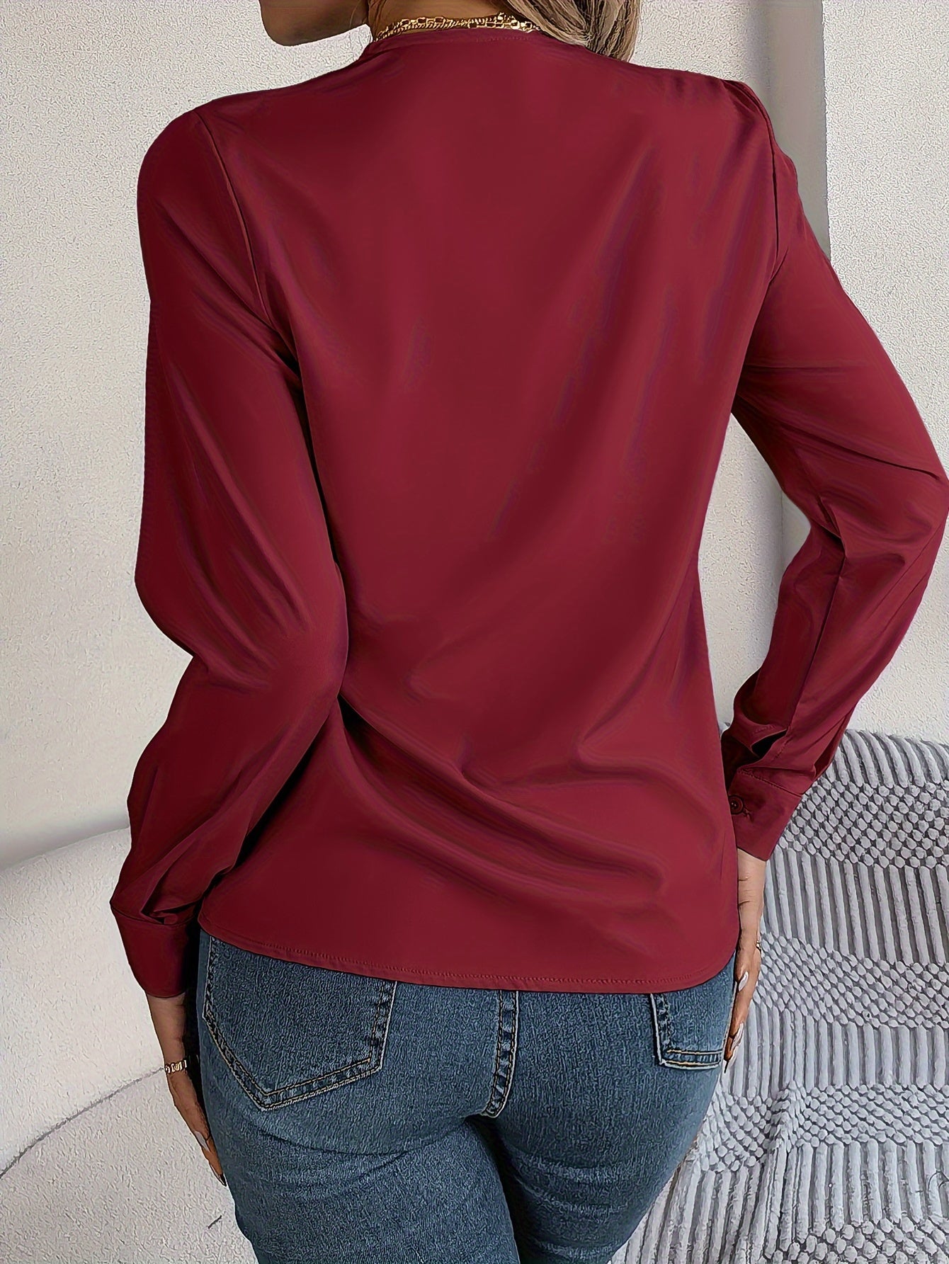 Women'S Elegant V-Neck Long Sleeve Shirt, Solid Color Polyester Blouse with Triple V-Cut, 95% Polyester 5% Elastane, Woven Fabric, 120g/m², for Spring/Summer/Fall - Adult