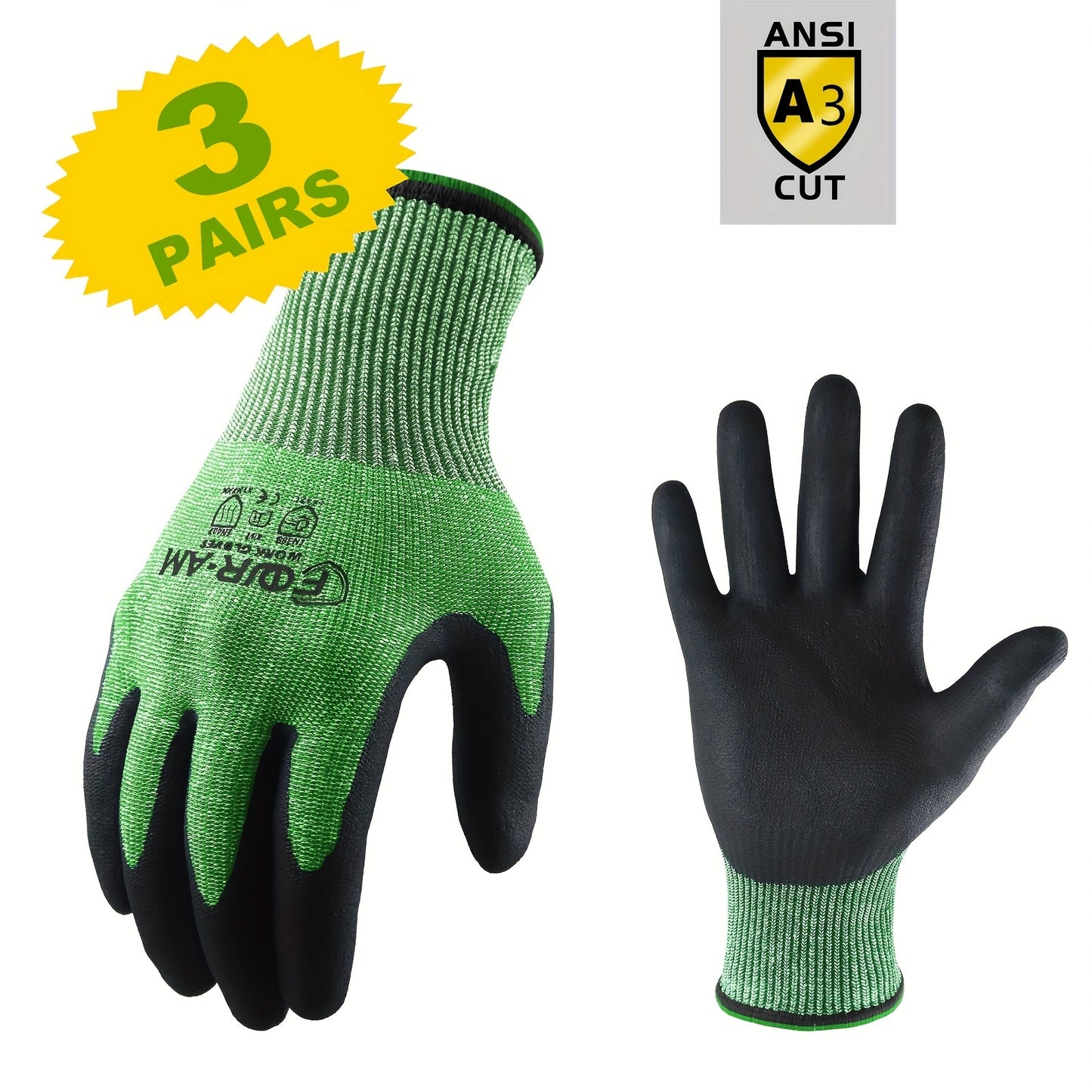 3 Pairs of Level 3 Cut Heavy Duty Work Gloves with Firm Non-Slip Grip, Durable &amp; Breathable Nitrile Foam Coating, and Touchscreen Compatible 3D-Comfort Fit