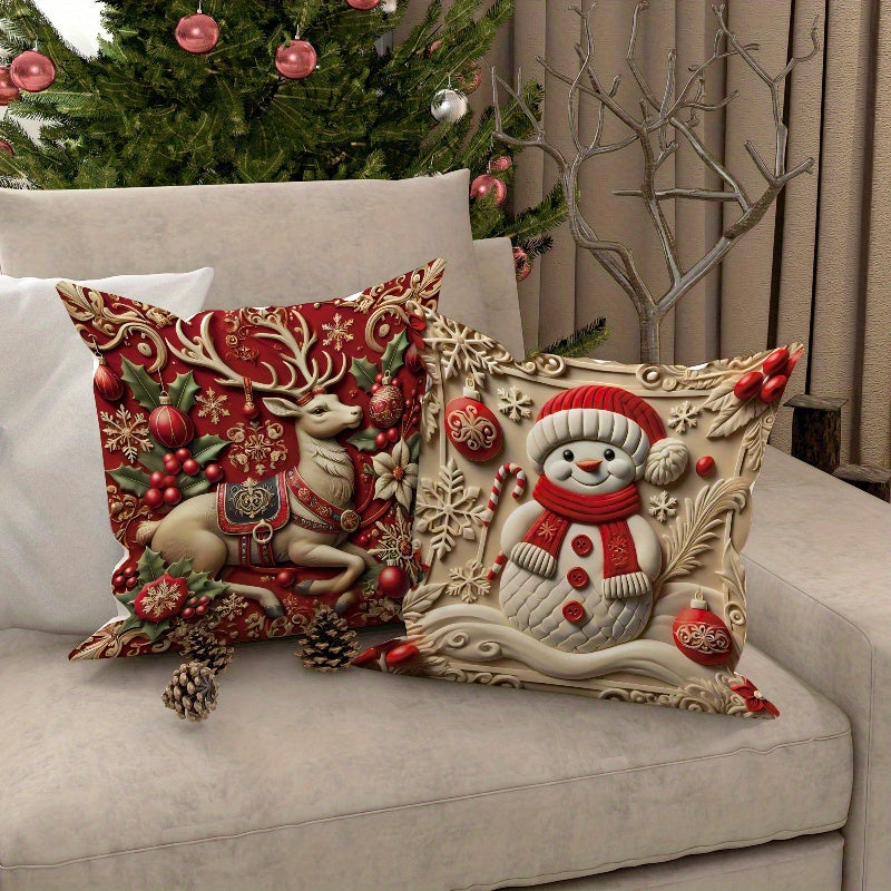 4pcs Festive Velvet Throw Pillow Covers, Christmas Santa, Reindeer, Snowman, and Tree Designs, Soft Comfortable Cushion Cases for Home Sofa and Bed Decor, Contemporary Style, Zippered Linen Fabric, Machine Washable