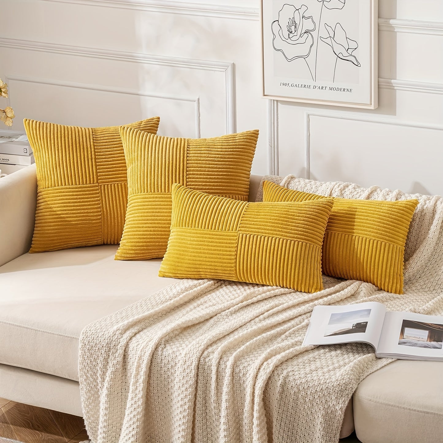 4pcs of mixed pillows (2pcs of square + 2pcs of rectangle) with pillow core, regular surface, all-match wear-resistant corduroy striped pillow, suitable for sofa bedroom living room balcony decoration pillow