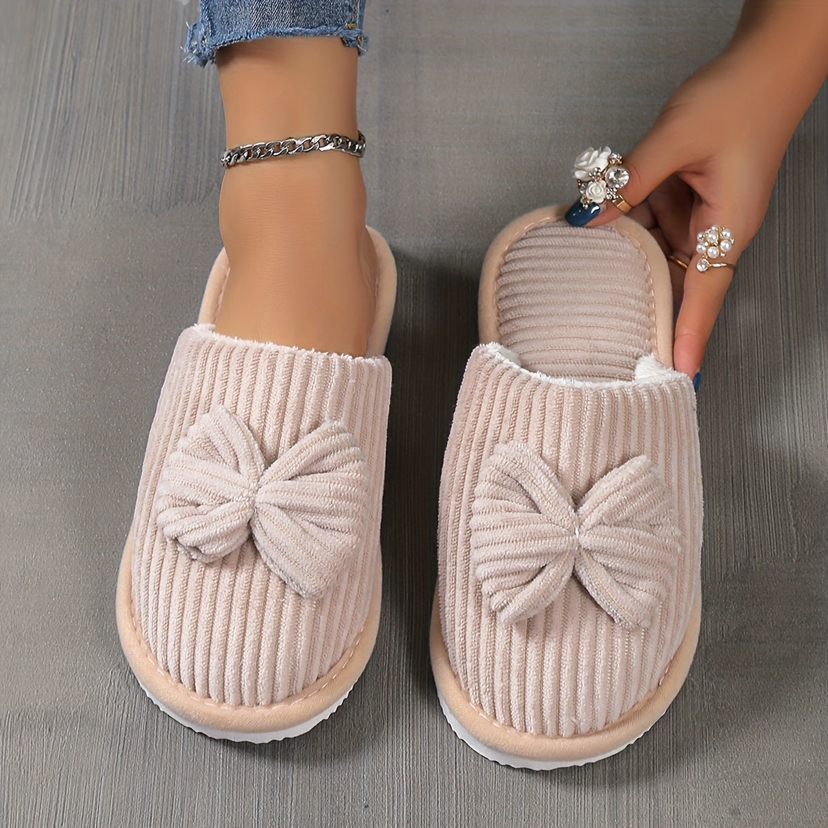 Cute Bowknot Soft Sole Fuzzy Slippers, Winter Cozy &amp; Warm Slip On Plush Shoes, Comfy Closed Toe Home Slippers