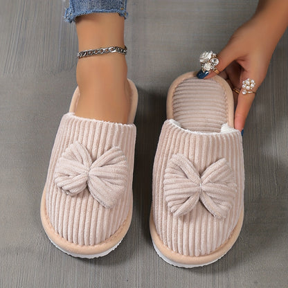 Cute Bowknot Soft Sole Fuzzy Slippers, Winter Cozy &amp; Warm Slip On Plush Shoes, Comfy Closed Toe Home Slippers