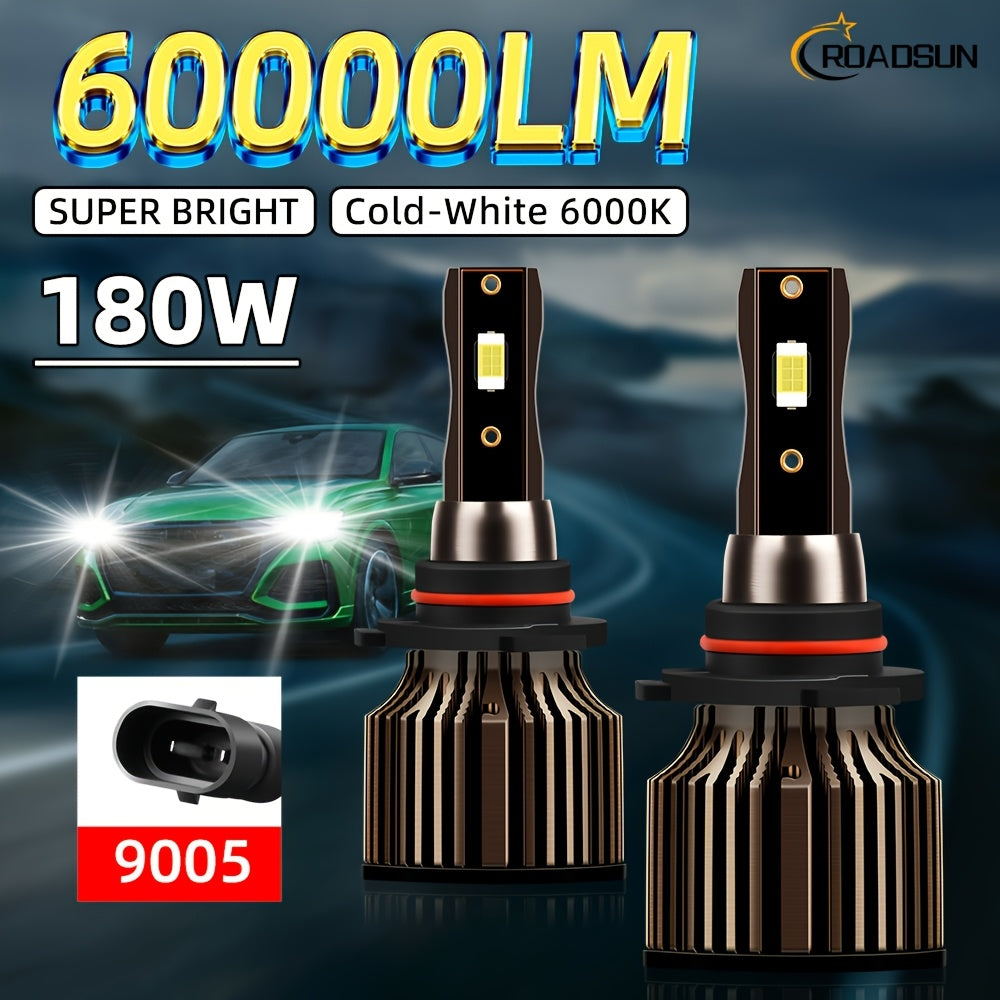 2pcs ROADSUN LED Bulbs - 60000LM Ultra Bright, 180W, 6000K Cool White, H1/H7/H11/9005/9006/H4/H13/9007/9004 Compatible, Plug & Play, Cooling Fan, Aviation Aluminum Housing, 12V/24V Compatible, for Cars, Trucks, SUVs, Motorcyc