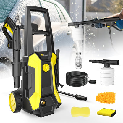 Gisam High-Pressure Washer 2200W 180Bar 480L/H with 8m Hose, Soap Bottle, Foam Nozzle & Lance Gun IPX5 Suitable for Cars/Fences/Gardens/Patios Yellow
