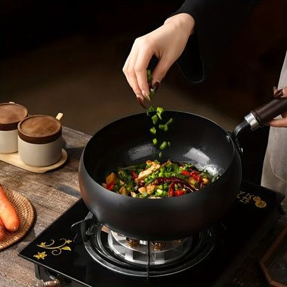 LDQ 1pc Cast Iron Pan Splash Resistant Design Rust Proof Durable Construction Even Heat Distribution Healthy Cooking Essential for Indoor Outdoor Use Oven Safe Wooden Handle Pans for Cooking Indoor Kitchenware Perfect Gifts f