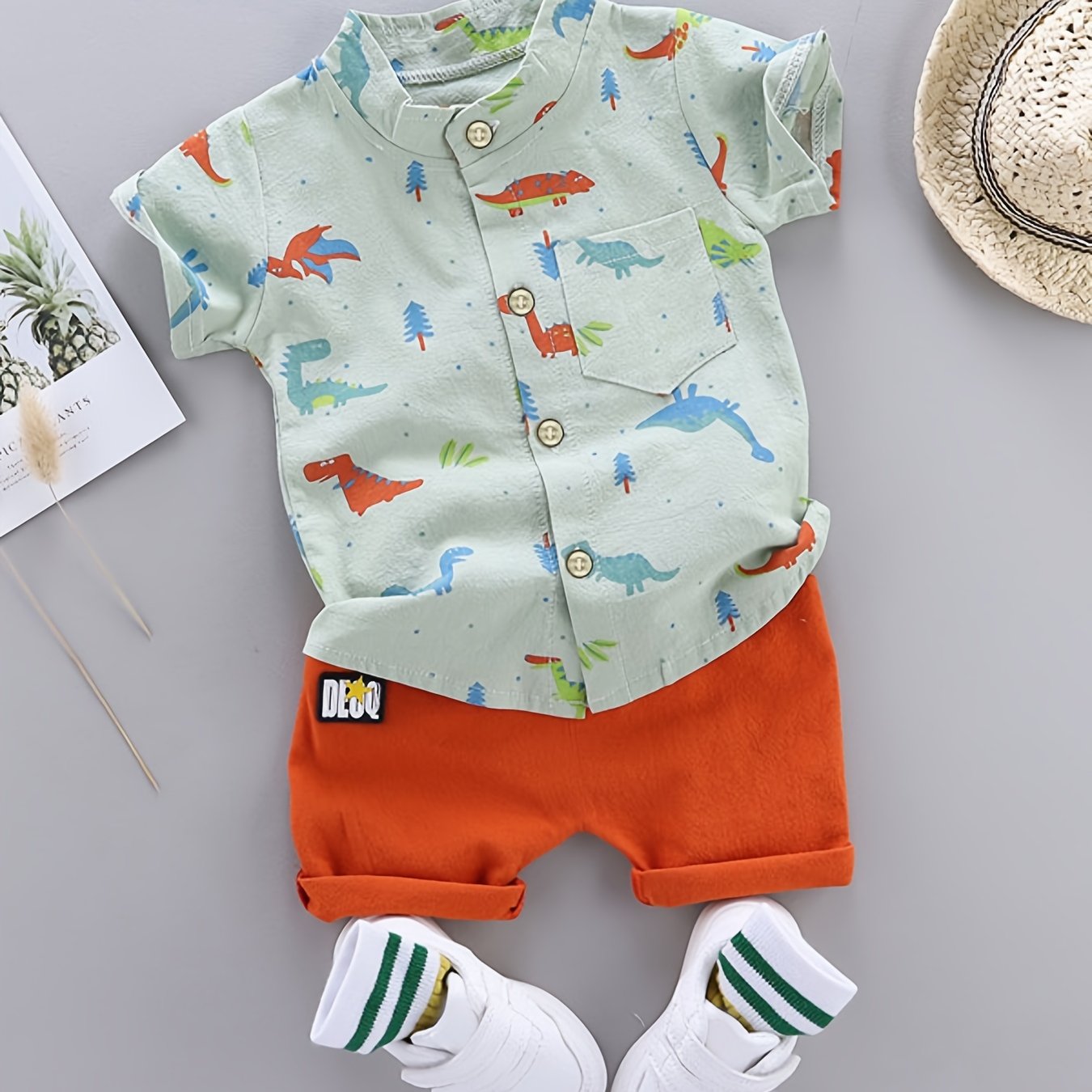2pcs Baby Boys Dinosaur Print Button Short Sleeve Shirt Top &amp; Elastic Waist Shorts Set Toddler Summer Clothes For Daily &amp; Outdoor Wear